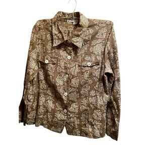 Linen Cropped Units Jacket Woman XL Brown white Animal Eclectic Pattern Vintage